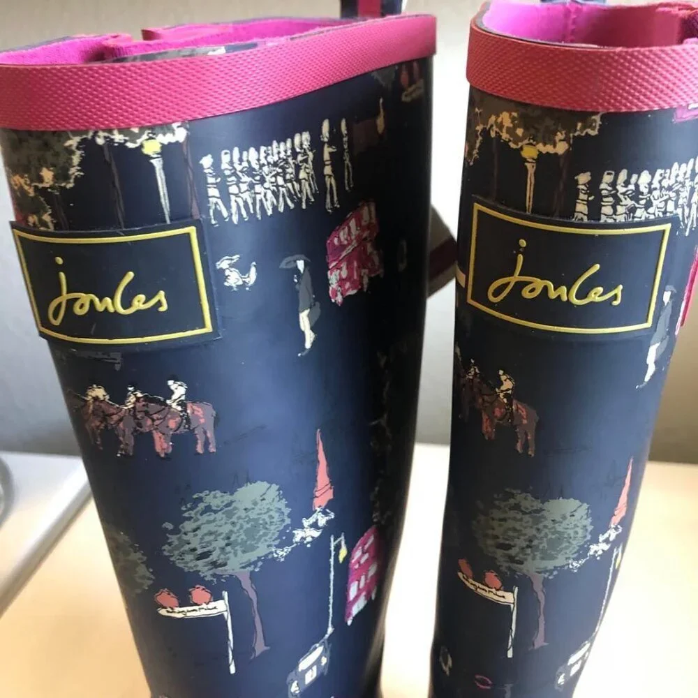 NWT JOULES Welly Print Wellies Tall Rain Boots London Scenery Gray/Pink 5